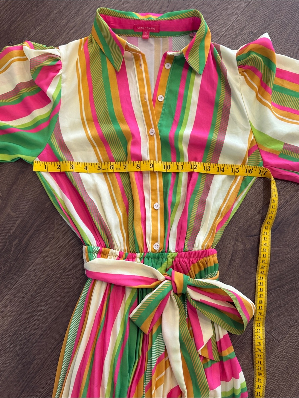 Flying Tomato Rainbow Stripe Pleated Maxi Dress Long Puff Sleeve Tie Waist Small - Picture 11 of 11